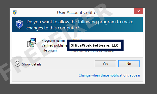 Screenshot where OfficeWork Software, LLC appears as the verified publisher in the UAC dialog